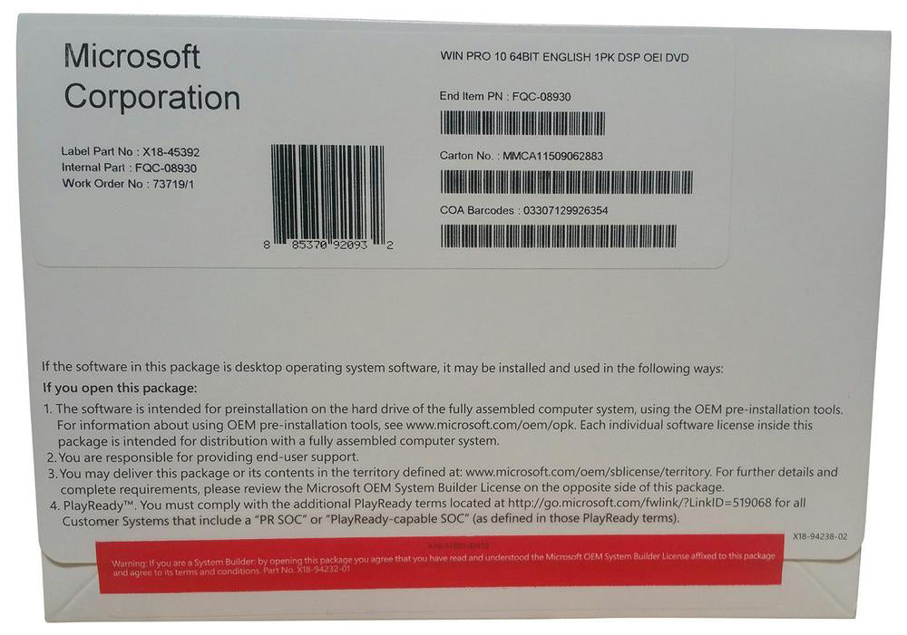 Microsoft Windows 10 Pro 64 Bit OEM - Installer DVD & Product Key